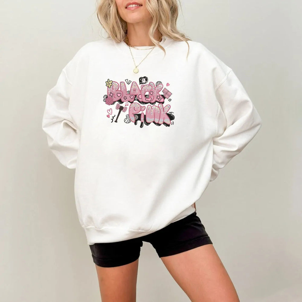 White Oversized Sweatshirt With Playful Pink Blackpink Graffiti Embroidery Design