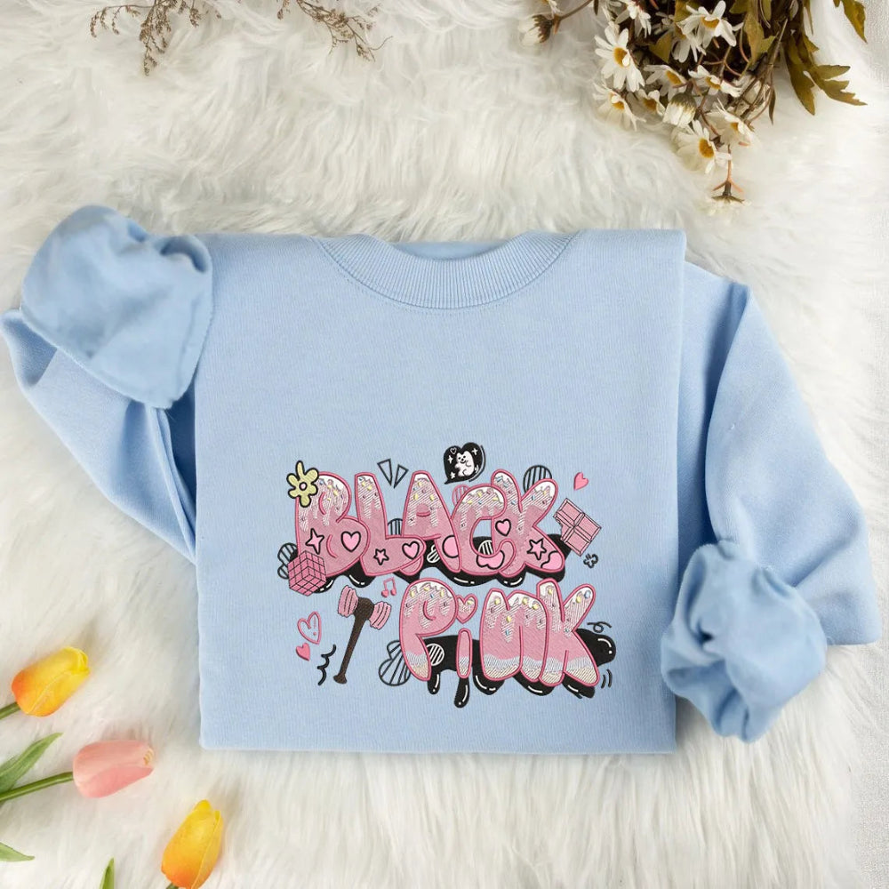 Light Blue Sweatshirt Displaying Cute Blackpink Bubble Letters With Hearts