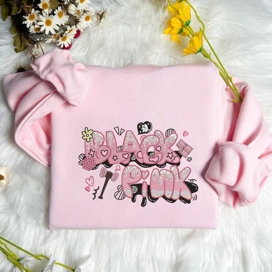 Pink Cozy Sweatshirt Showcasing Glittery Blackpink Graffiti And Music Notes