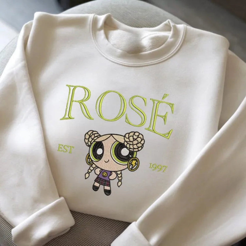 Cream Sweatshirt With Rose Powerpuff Chibi Lime Text Est 1997