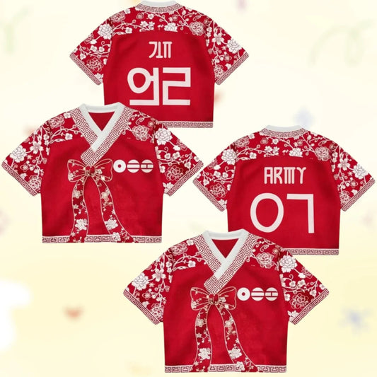 Collection Of BTS Hanbok Style CropTops Showing Front, Back Designs

