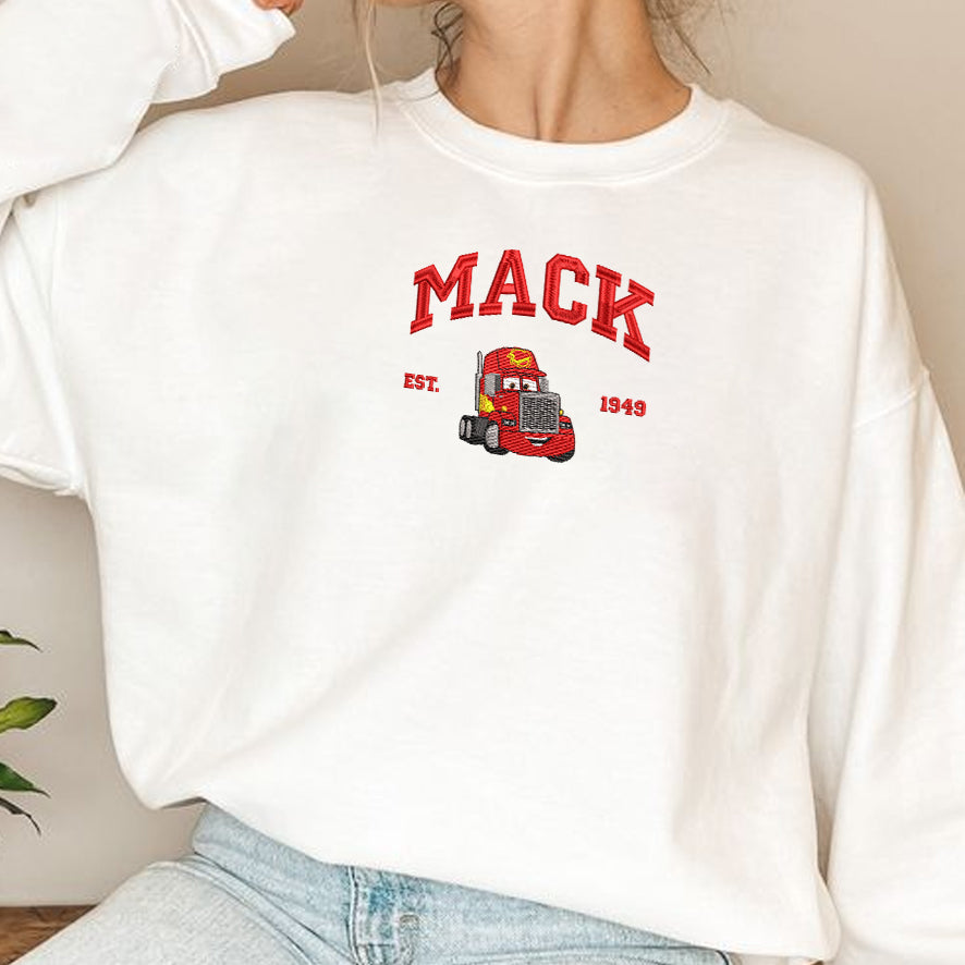 Cars Mack embroidered white sweatshirt cartoon truck design