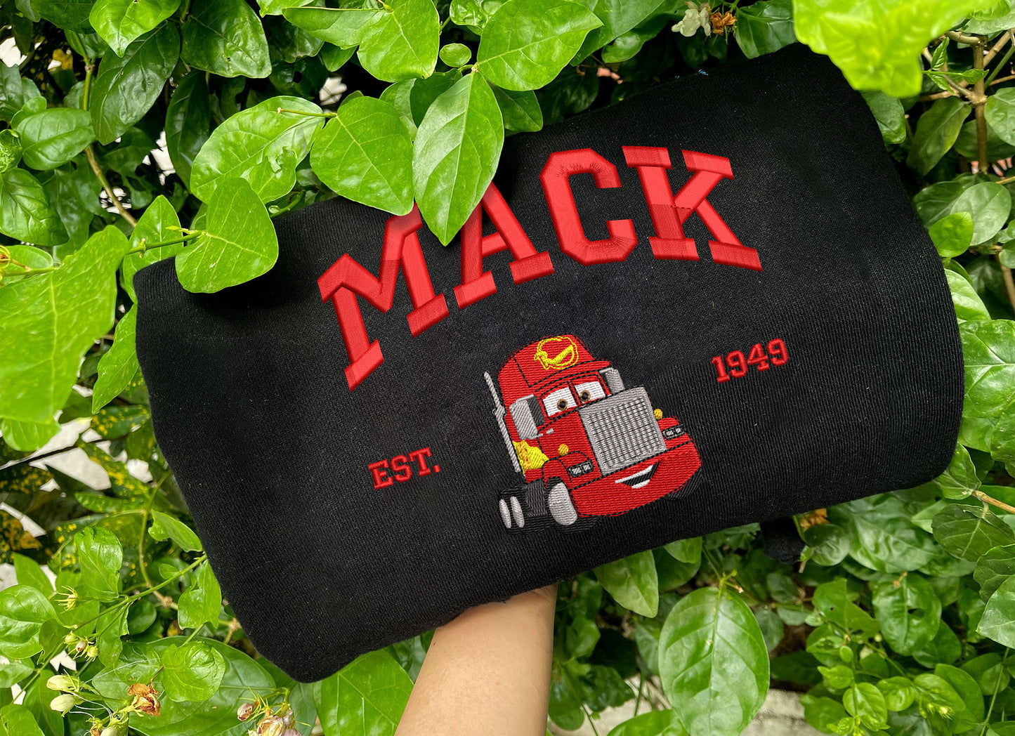Cars Mack embroidered black sweatshirt cartoon truck design