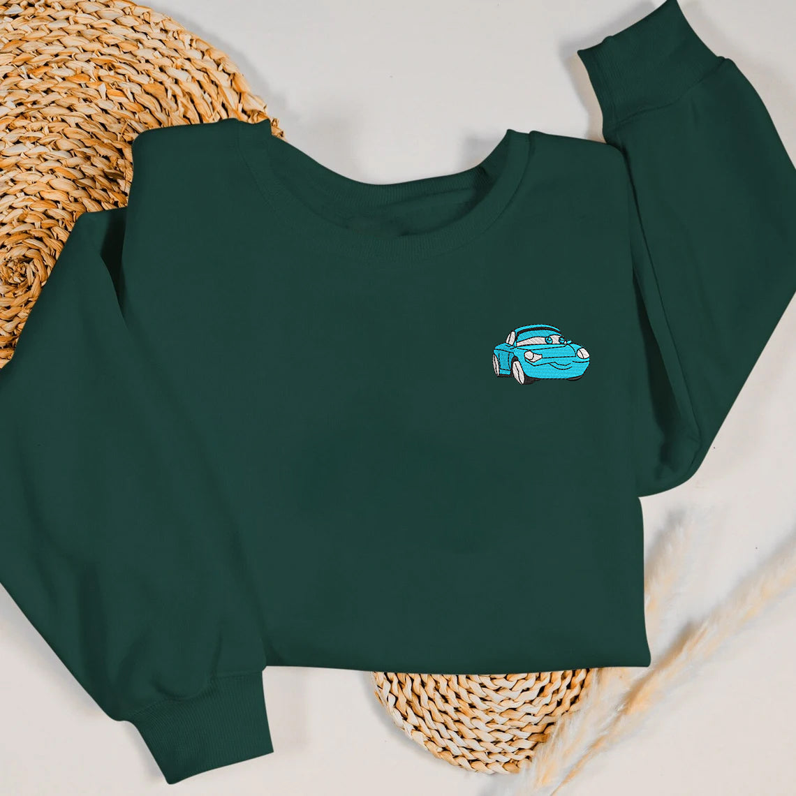 Forest Green Sally Cars Embroidered Sweatshirt Laying Flat.