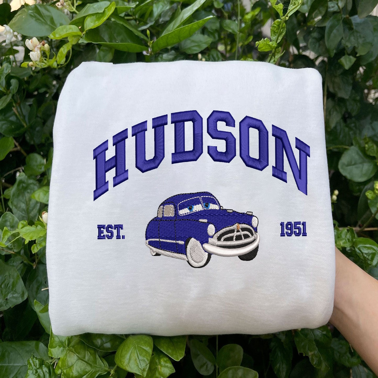 White Folded Sweatshirt Hudson Embroidered Vintage Car 1951