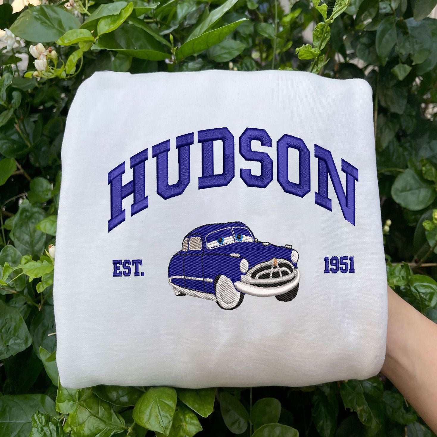 White Folded Sweatshirt Hudson Embroidered Vintage Car 1951