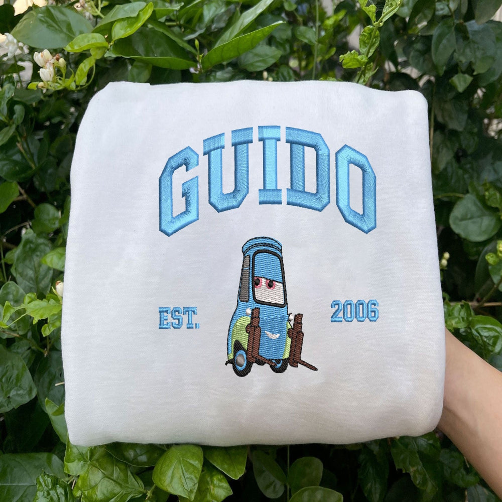 White Sweatshirt, Pastel Denim Blue Guido Car Embroidery.