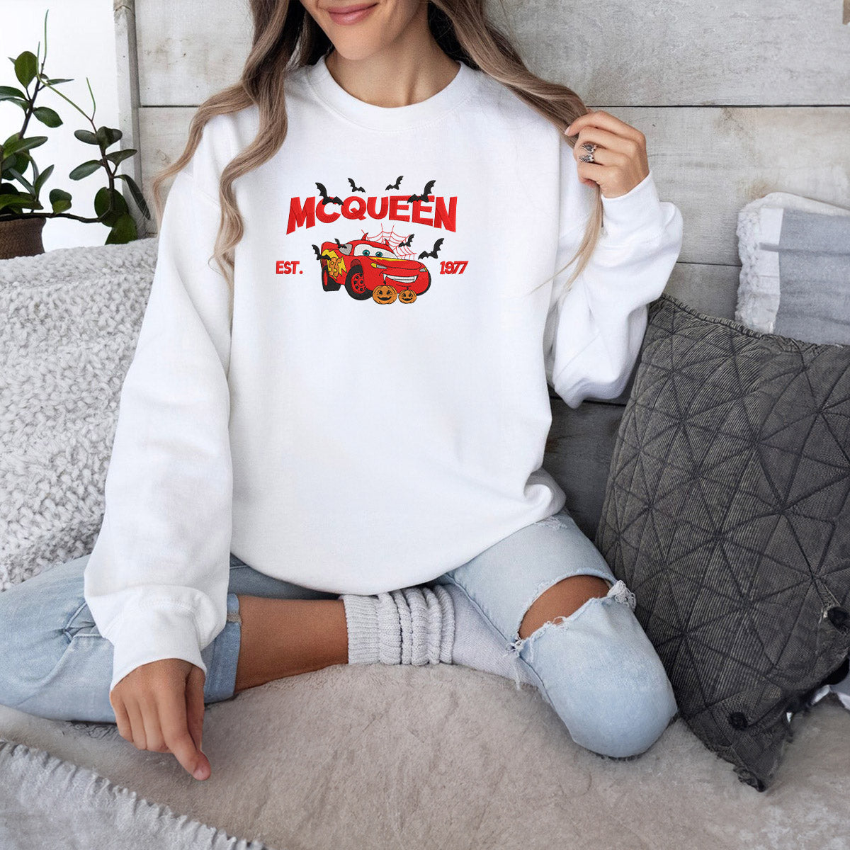 Model Wearing White Lightning McQueen Halloween Sweatshirt.