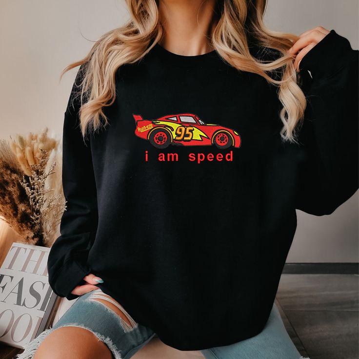 Model Wearing Black Lightning McQueen Sweatshirt.
