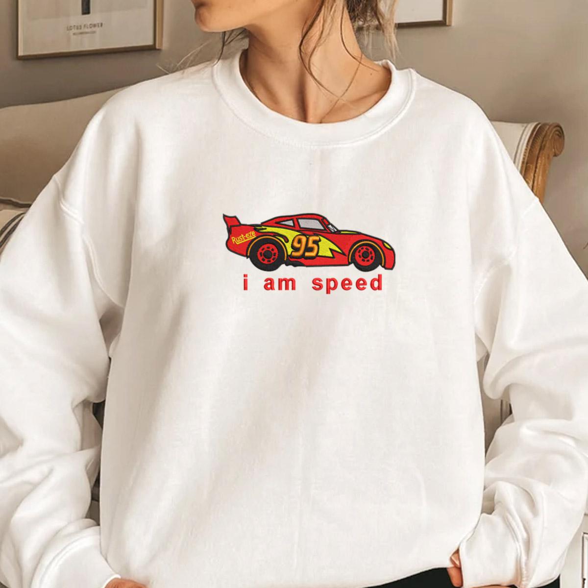 Model Wearing White Lightning McQueen Sweatshirt.