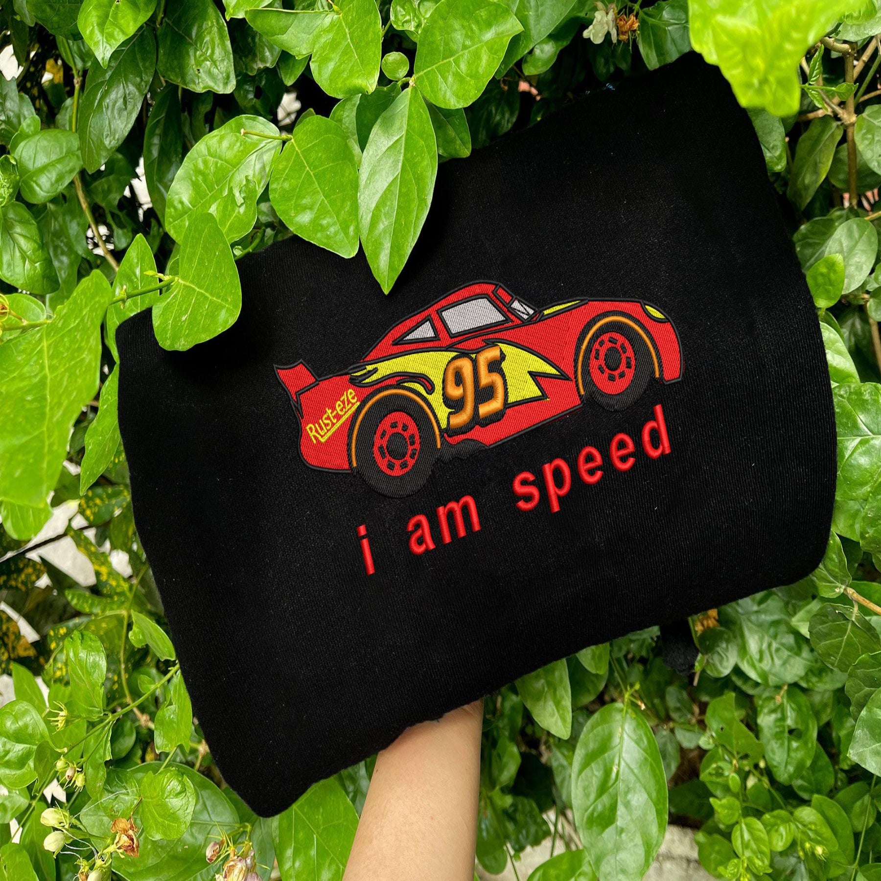 Black Sweatshirt Lightning McQueen I Am Speed Embroidery.