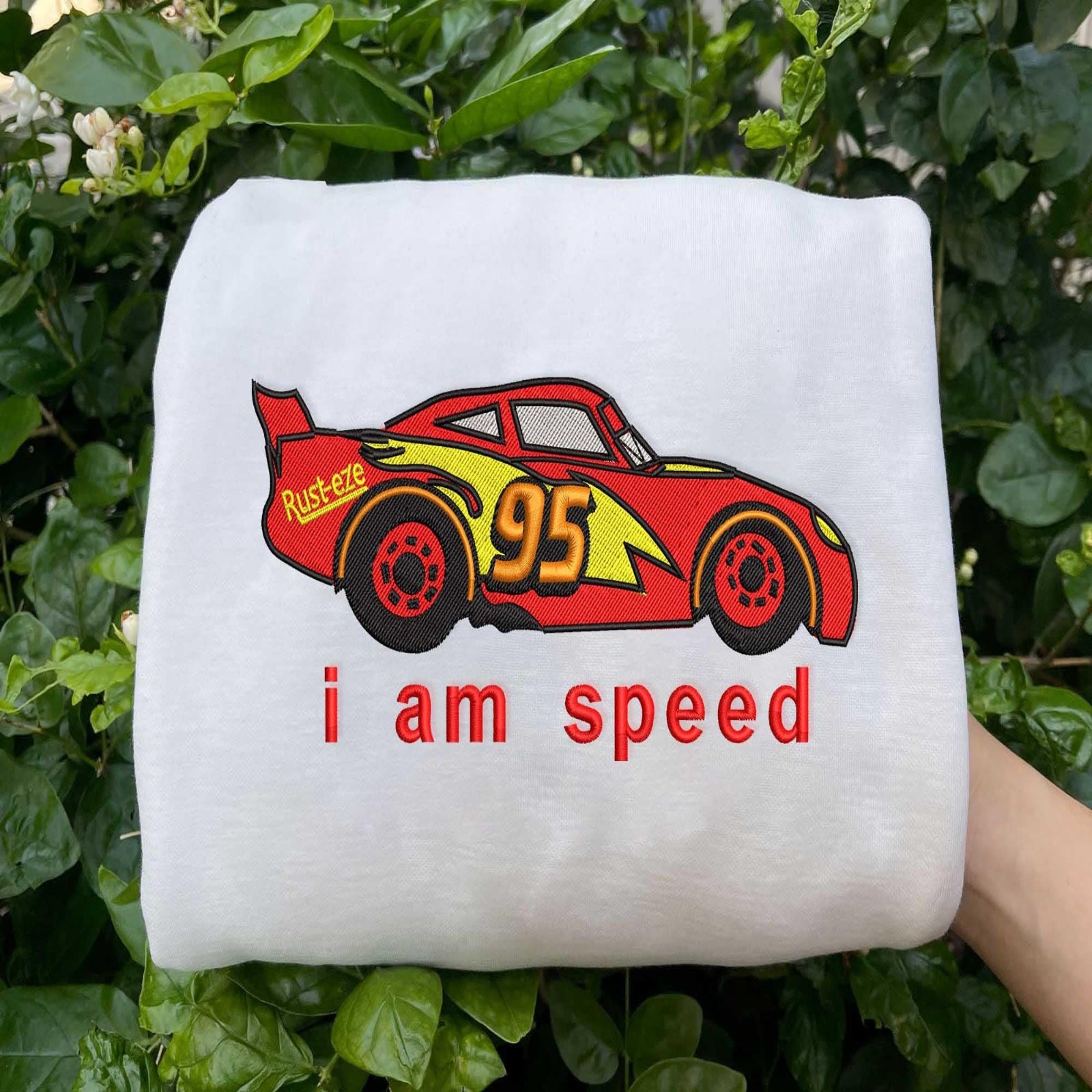 White Embroidered And Lightning McQueen Car.
