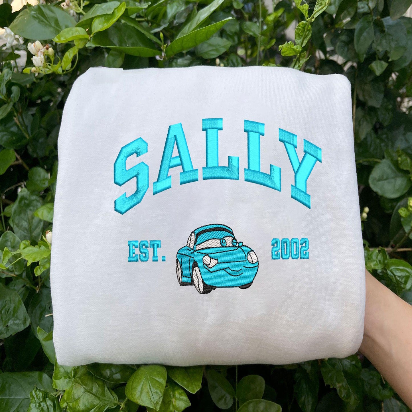 Cars Sally blue Satin Embroidery On White Sweatshirt