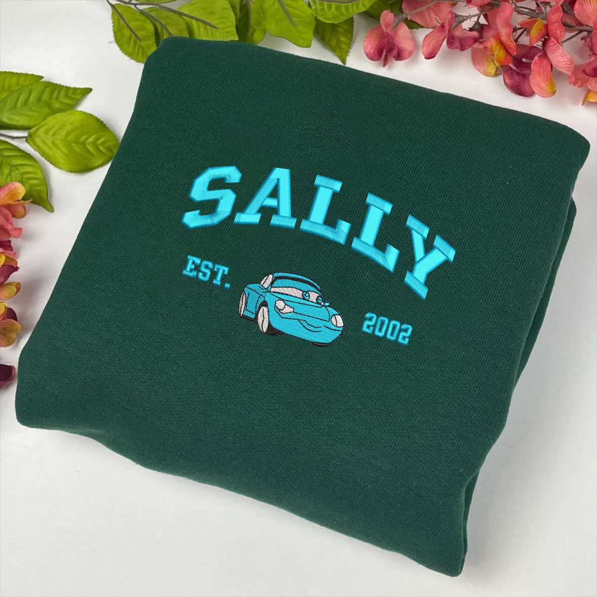 Sally Cars Blue Satin Embroidery On Dark Green Sweatshirt