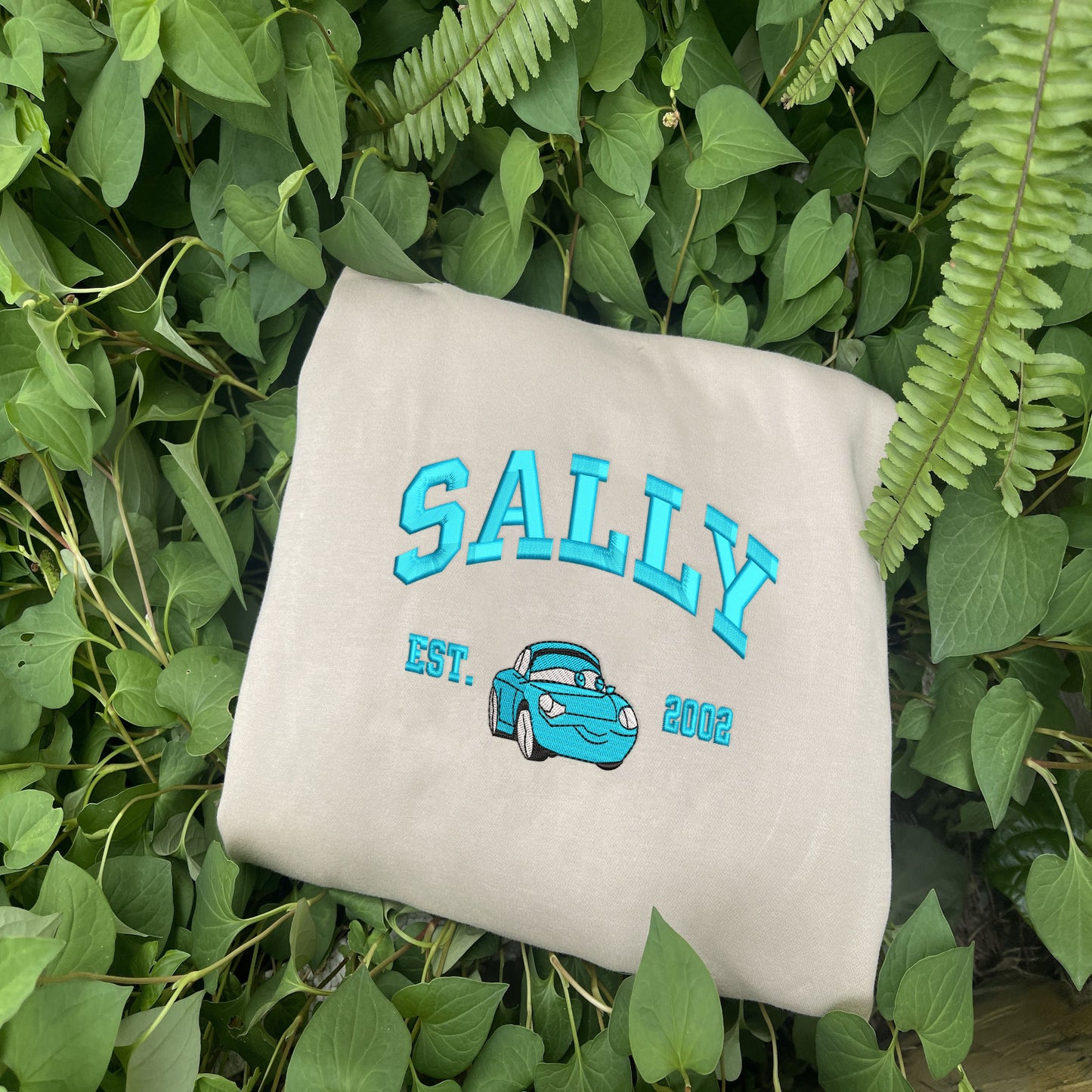 Sally Blue Satin Embroidery On Beige Sweatshirt