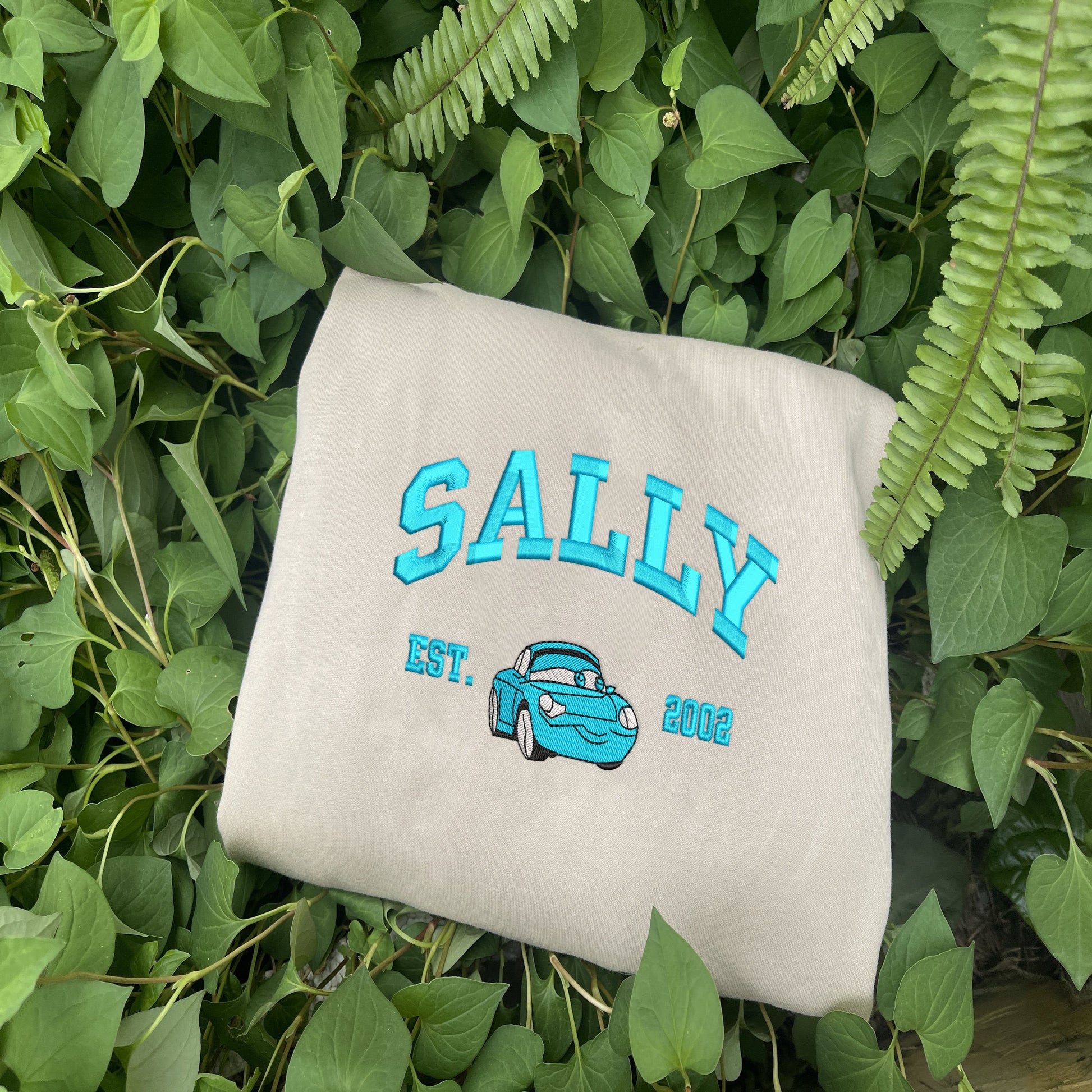 Sally Blue Satin Embroidery On Beige Sweatshirt