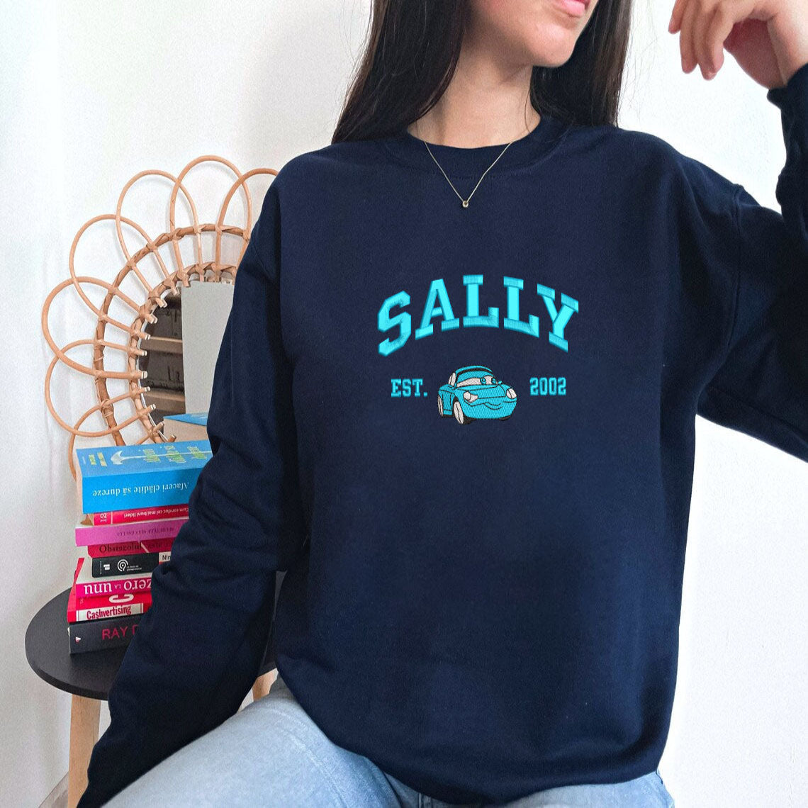 Sally Cars Blue Satin Embroidery On Navy Blue Sweatshirt