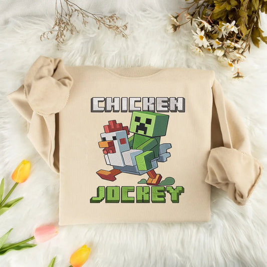 Beige Sweatshirt With Minecraft Chicken Jockey Embroidered On Fuzzy Surface
