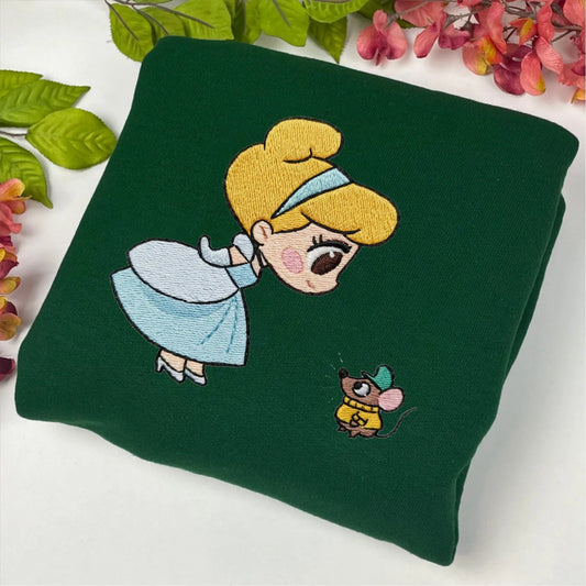 Relaxed Sweatshirt Highlighting Embroidered Chibi Cinderella, Tiny Gus Gus Scene