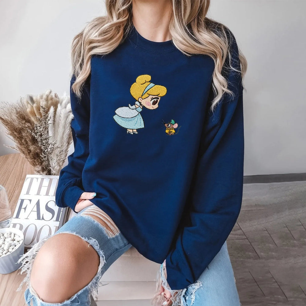 Navy Crewneck Displaying Cinderella In Blue Dress With Gus Gus