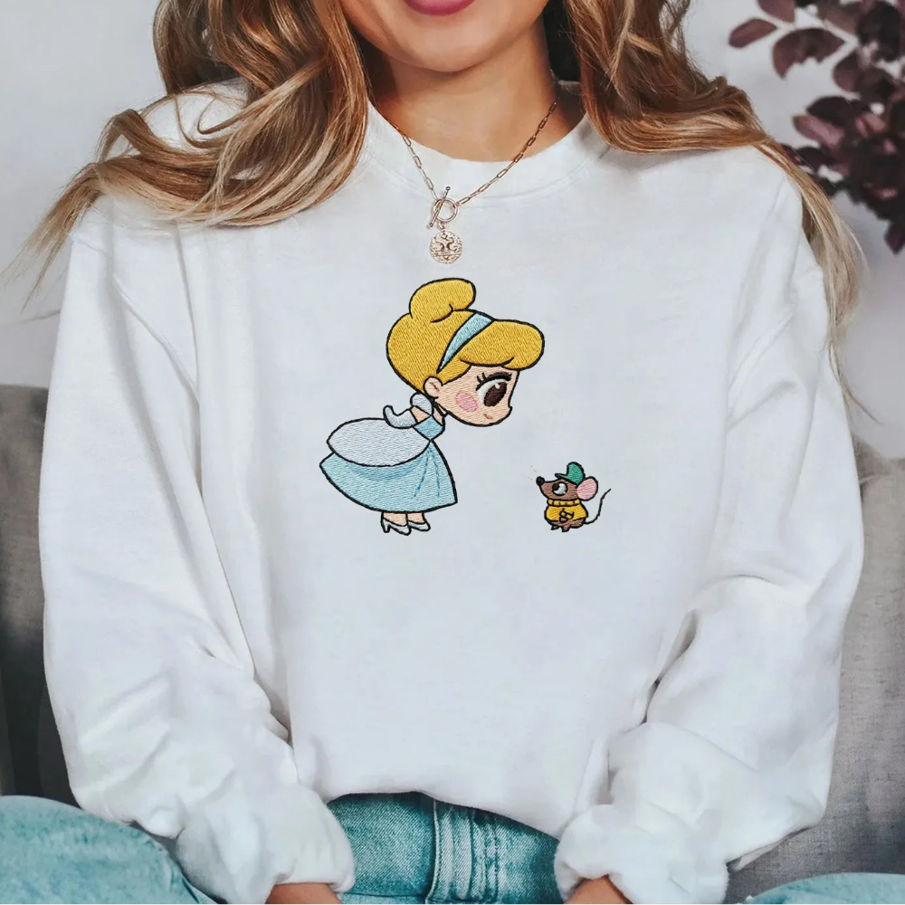 Comfort Pullover Showcasing Sweet Chibi Cinderella, Playful Gus Gus Design