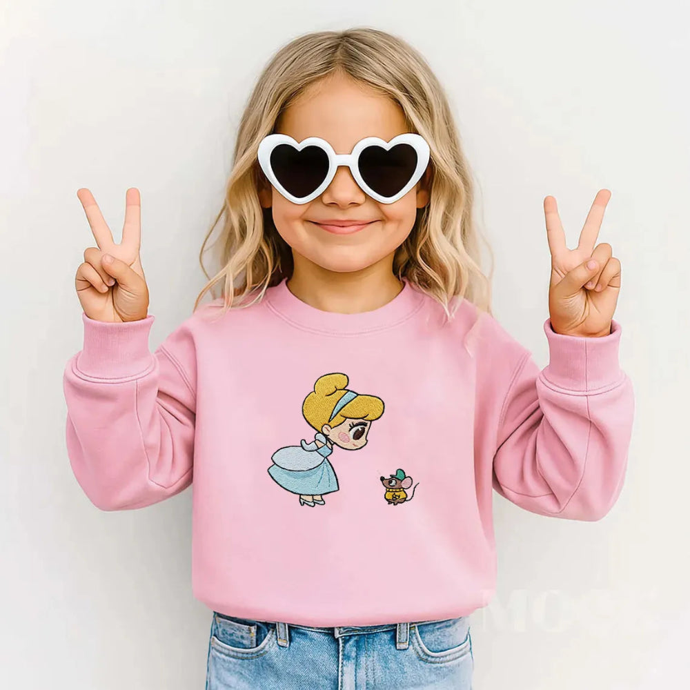 Pink Kids Sweatshirt With Chibi Cinderella And Gus Gus Embroidery
