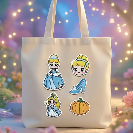 Tote Bag Adorned With Kawaii Cinderella Chibi Patches And Pumpkin