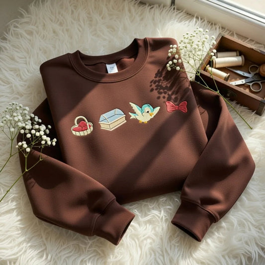 Dark Chocolate Sweatshirt Embroidered Blue Bird Basket Bow Cottagecore Design