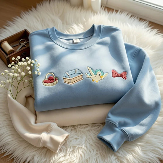Light Blue Sweatshirt With Bird Sewing Box And Red Bow Embroidery
