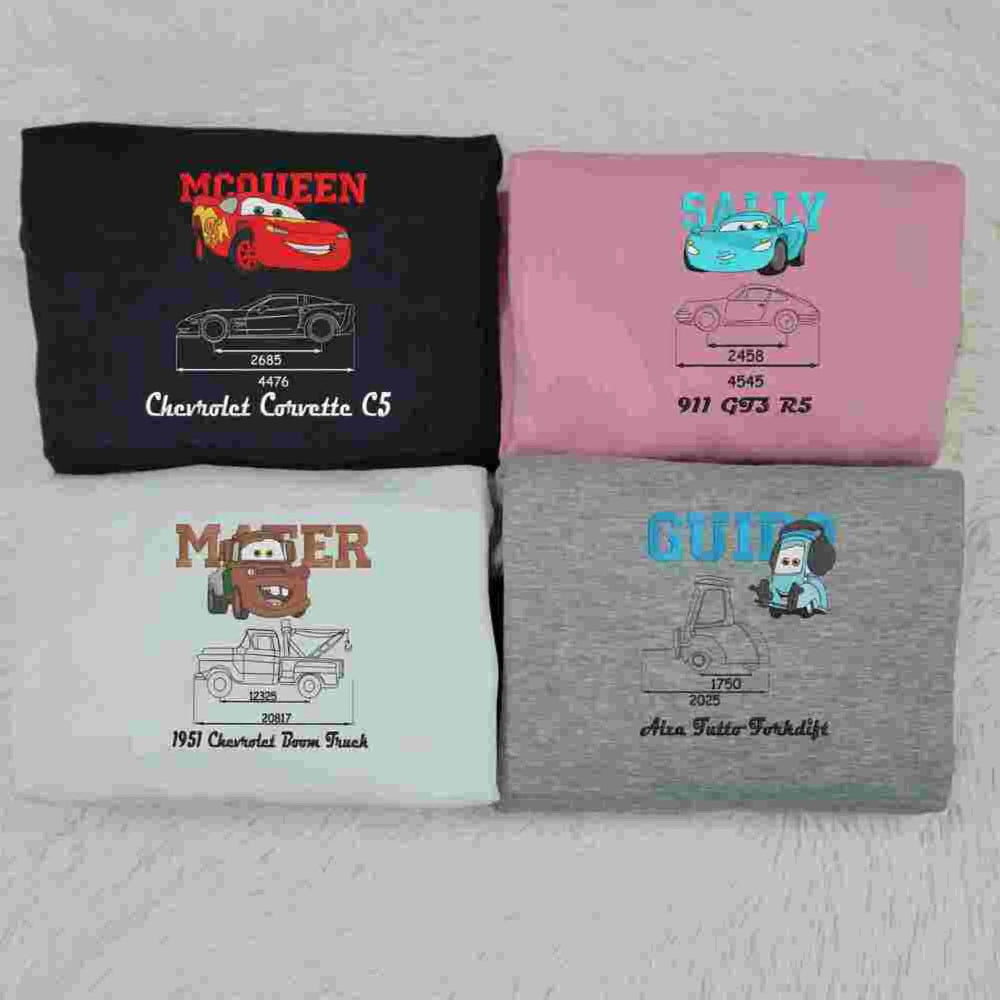 Folded Sweatshirts In Multiple Colors With Embroidered Cars Characters Blueprints