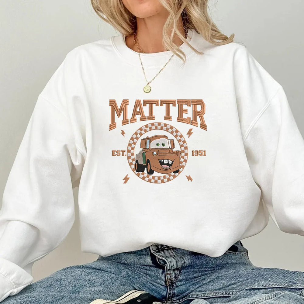Matter Embroidered Sweatshirt On Model, Brown Tow Mater Circle Graphic
