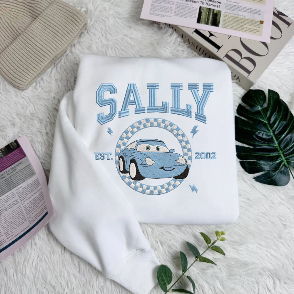 White Sally Embroidered Sweatshirt Folded, Light Blue Checkerboard Car Graphic