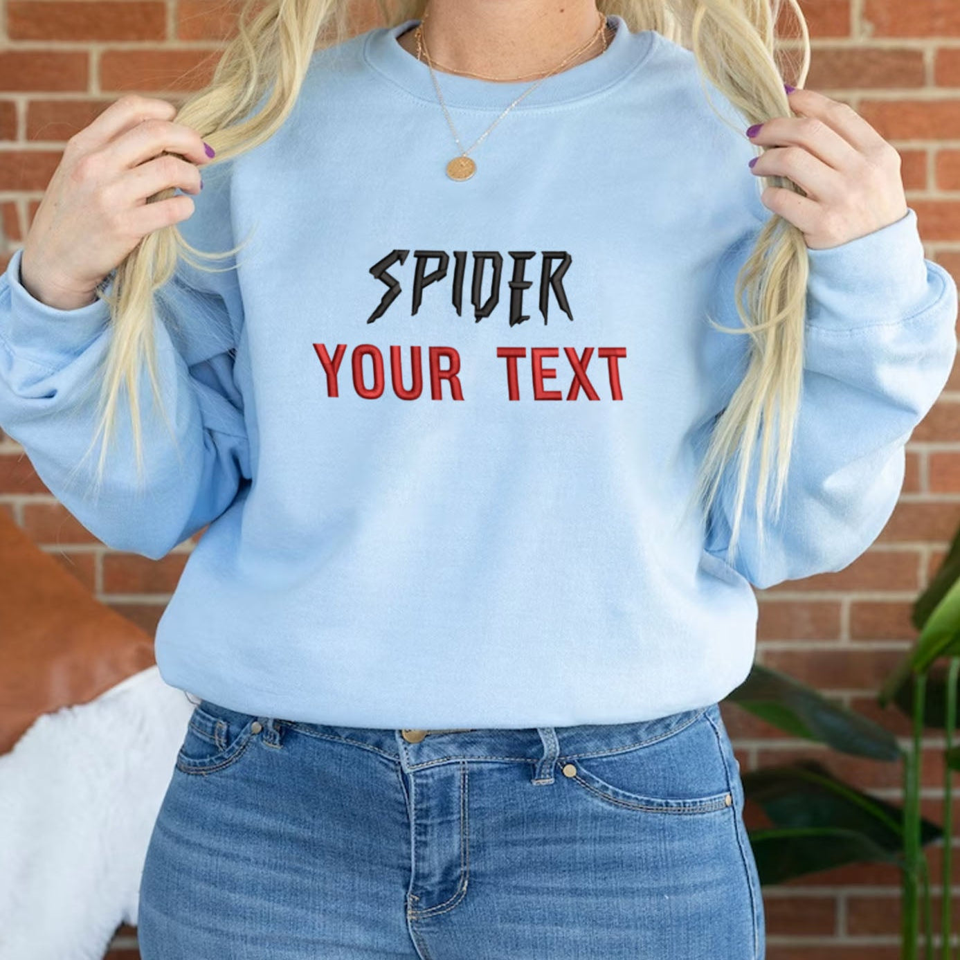 Light Blue Custom Family Spider Embroidered Sweatshirt