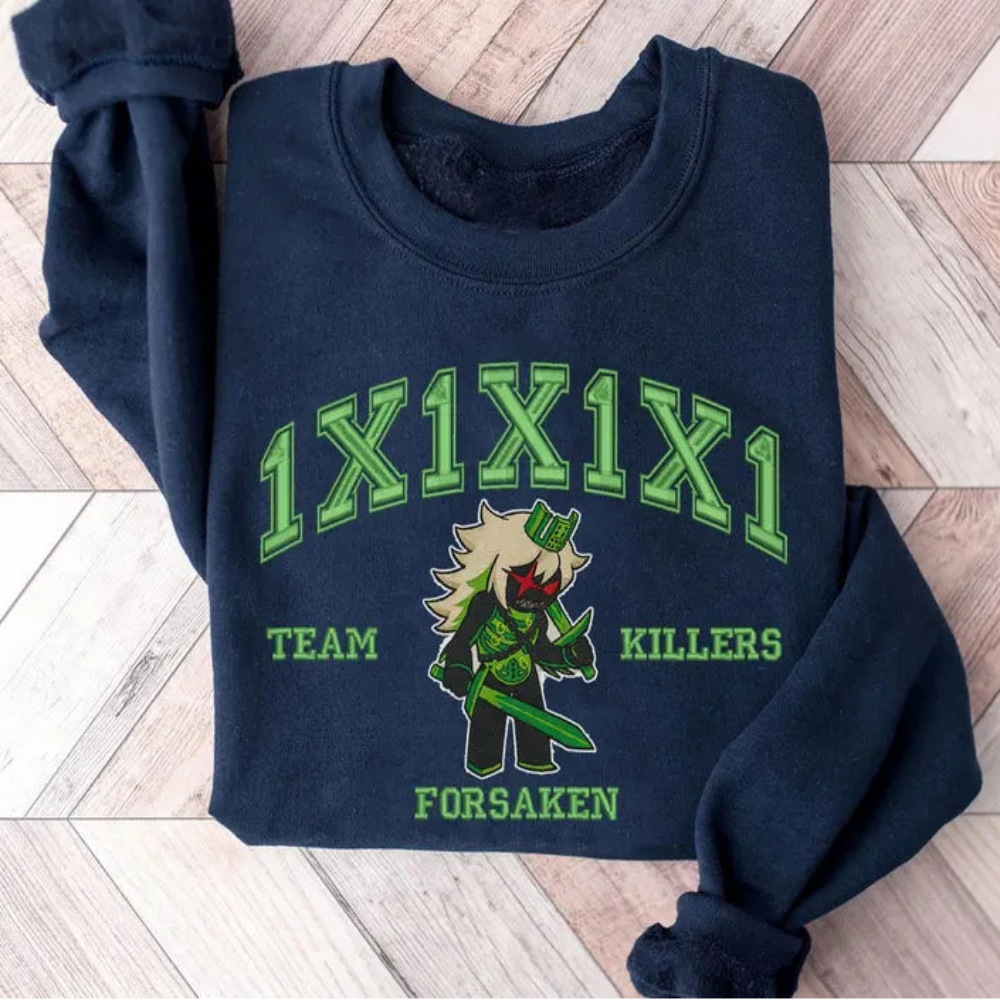 Navy 1X1X1X1X1 Embroidered Crewneck Folded, Green Blade Chibi Graphic
