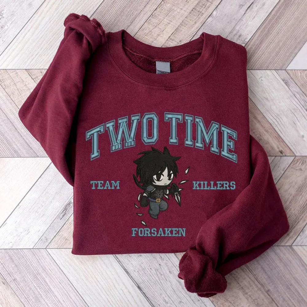 Maroon Two Time Embroidered Sweatshirt Folded, Blue Hair Assassin Design
