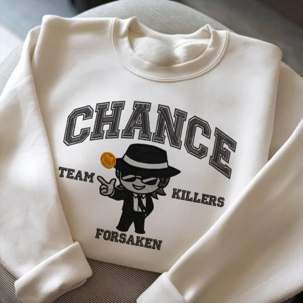 White Chance Embroidered Sweatshirt Folded, Black Hat Coin Chibi
