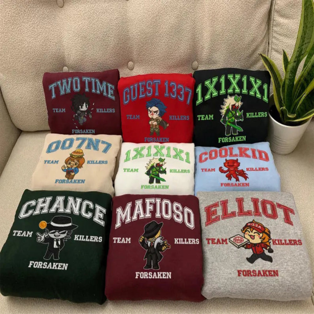 Assorted Team Killers Forsaken Sweatshirts On Couch, Chibi Character Collection
