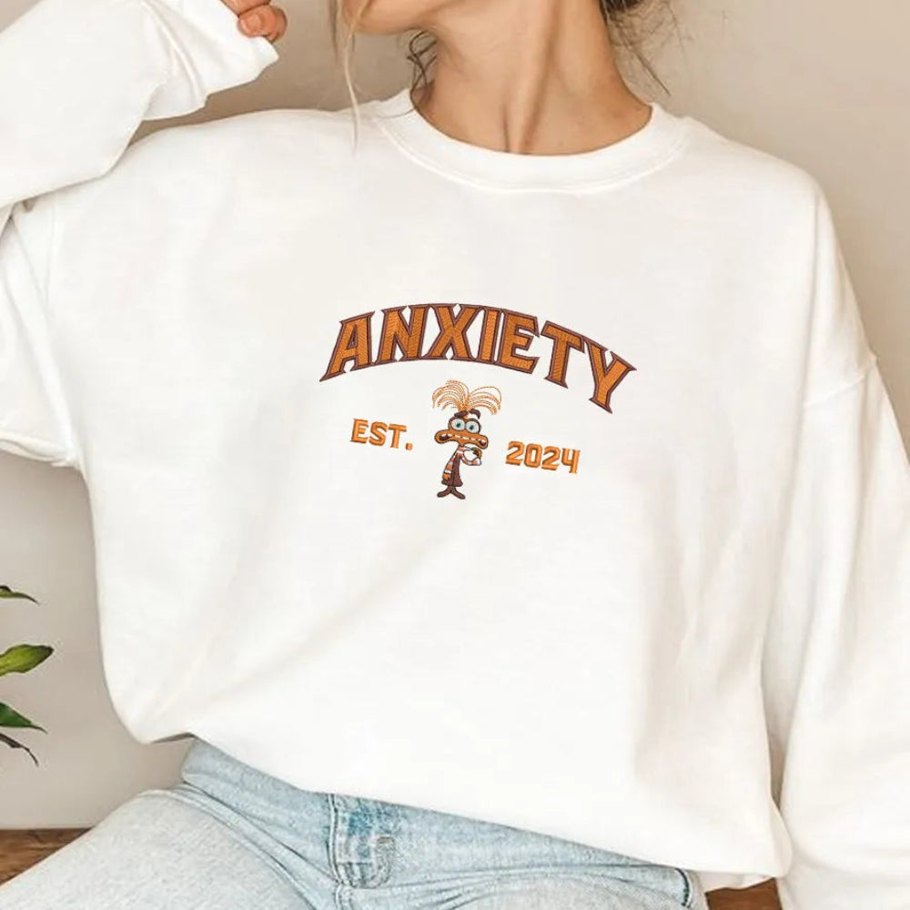 Anxiety Embroidered Crewneck On Model, Orange Frizzy Hair Graphic