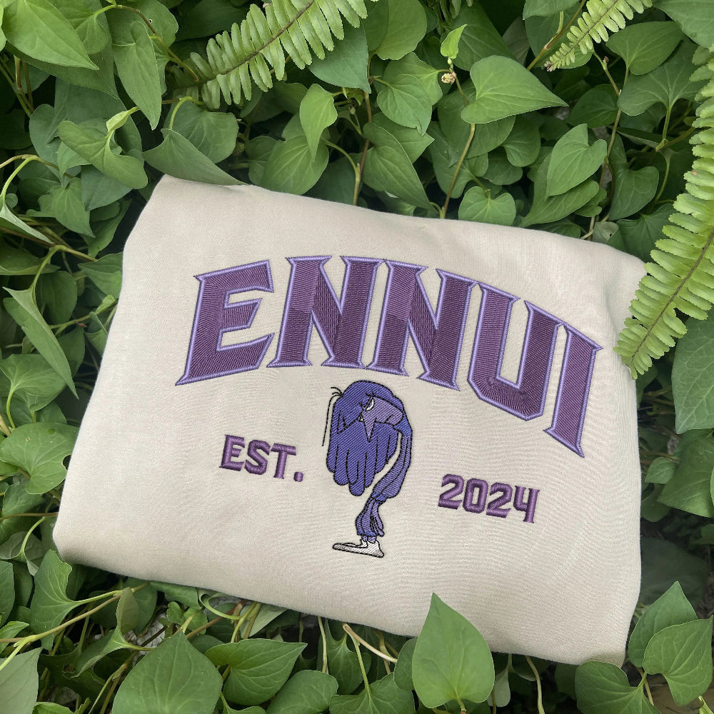 Ennui Embroidered Sweatshirt Folded, Purple Lazy Chibi Embroidery
