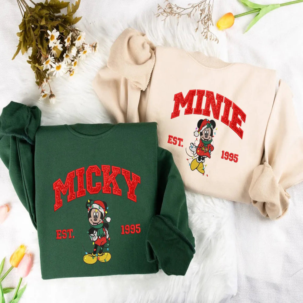 Folded Grey Minnie And Sand Mickey Sweatshirts With Festive Embroidery