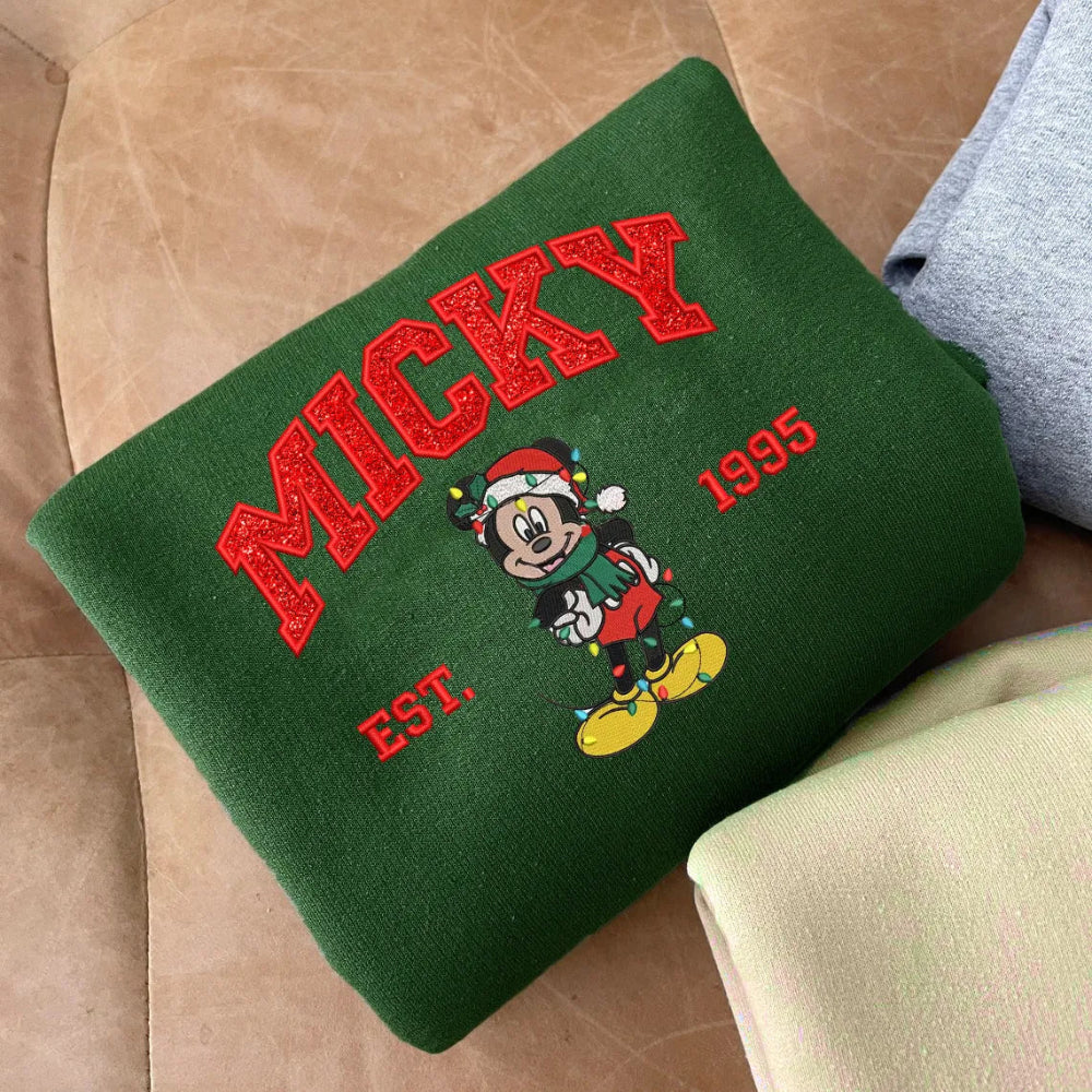Green Mickey Embroidered Sweatshirt With Red Glitter Text And Character
