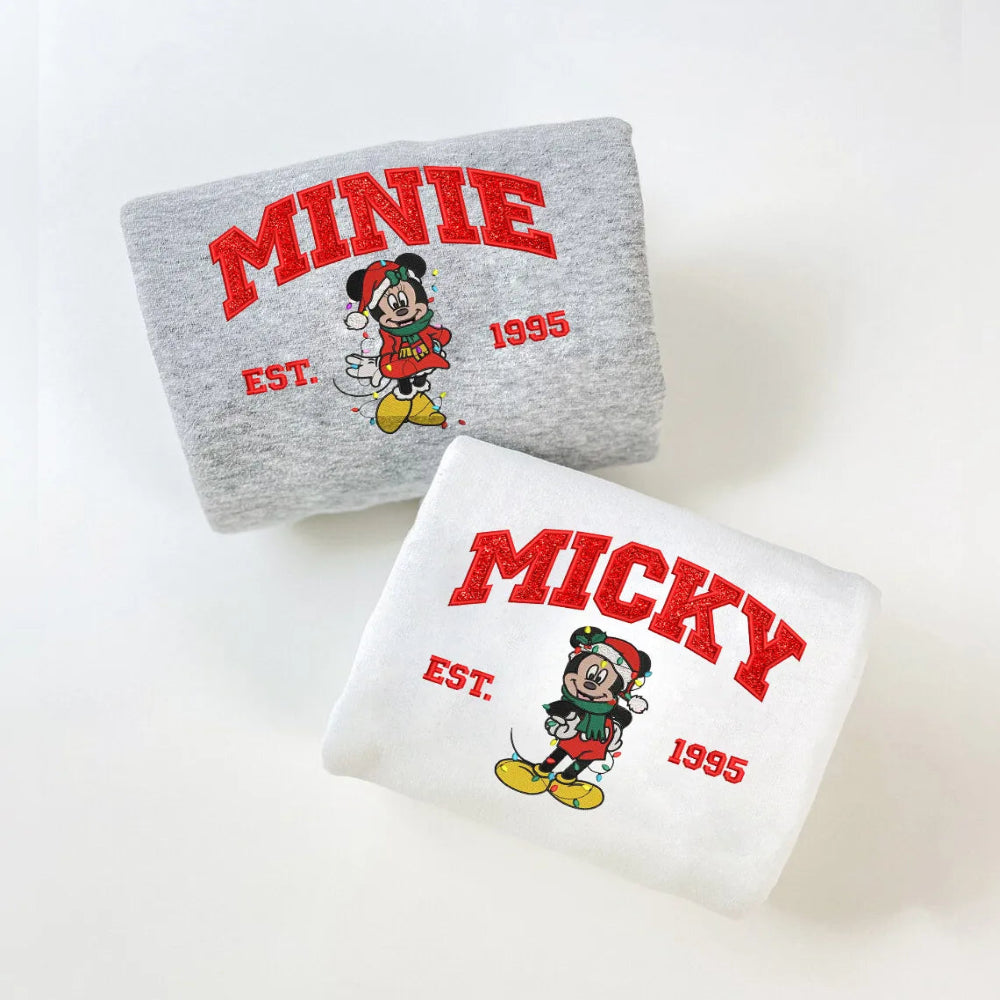 Folded Grey Minnie And White Mickey Sweatshirts With Festive Embroidery