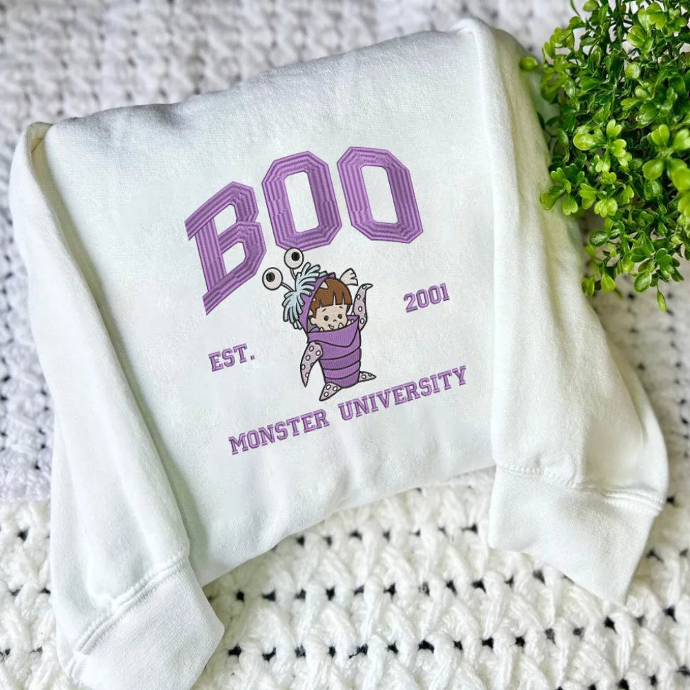 White Sweatshirt Featuring Boo In Monster Costume Purple Design.