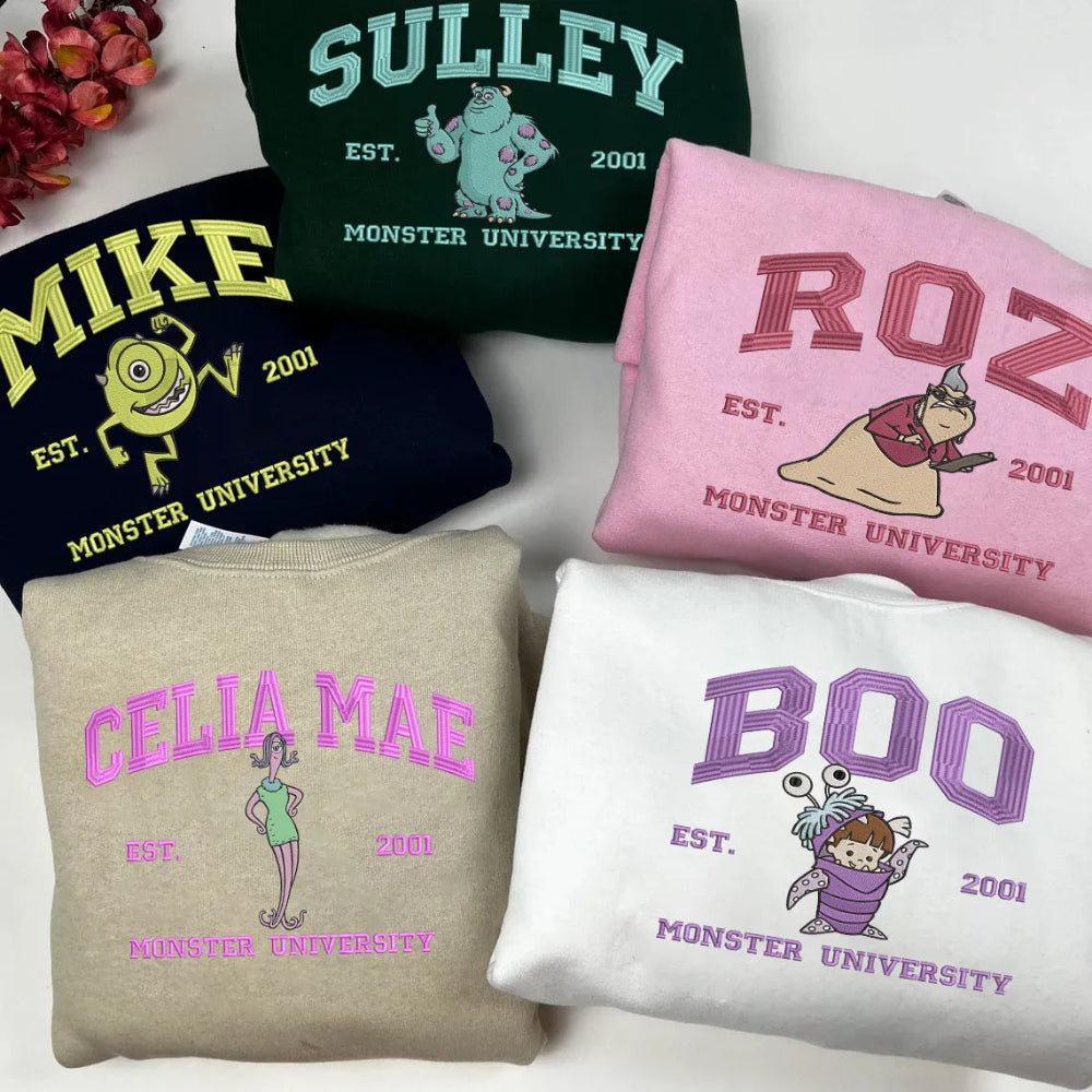 Folded Monsters University Embroidered Sweatshirts Including Boo, Sulley, Mike, Roz 