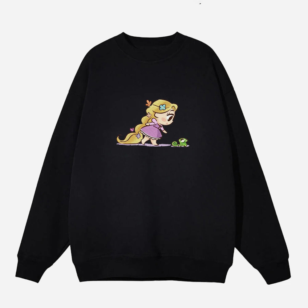Black Sweatshirt Featuring Embroidered Chibi Rapunzel And Pascal Design