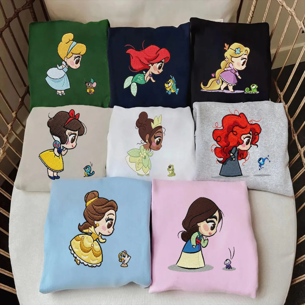 Assorted Embroidered Princess Sweatshirt Displayed On Table