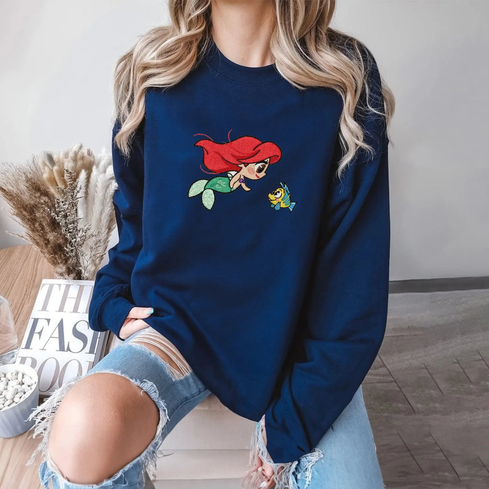 Navy Oversized Sweatshirt With Small Mermaid Ariel Chest Embroidery