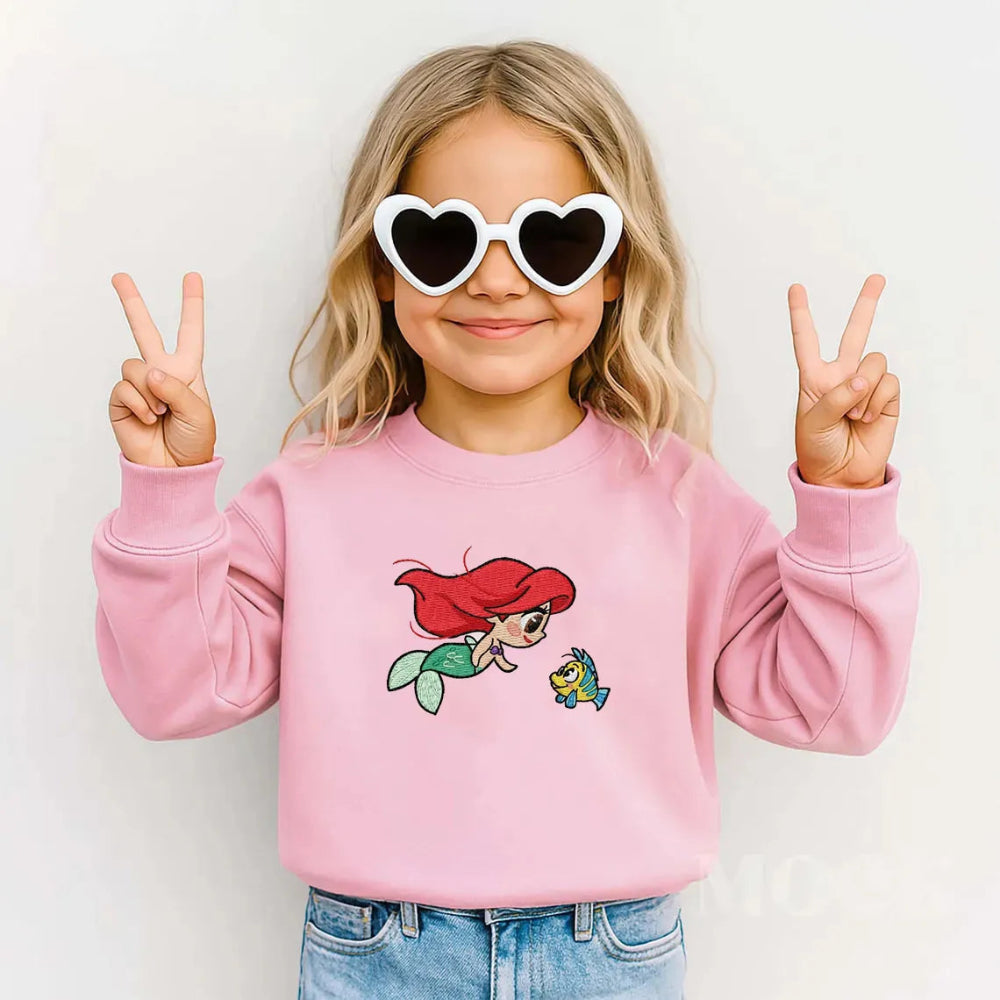Pink Kids Sweatshirt Featuring Ariel And Flounder Character Embroidery Art