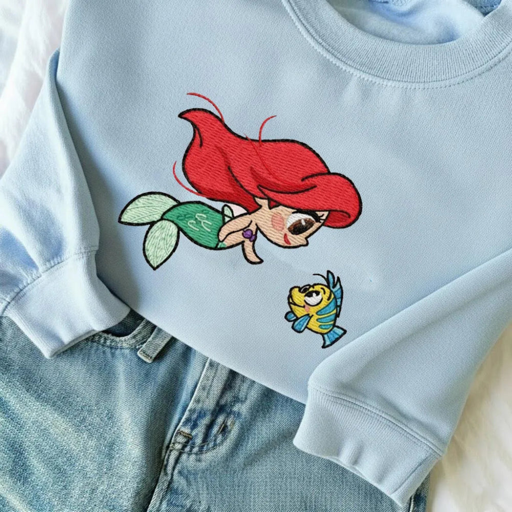 Light Blue Embroidered Sweater With Cute Princess Ariel Undersea Design