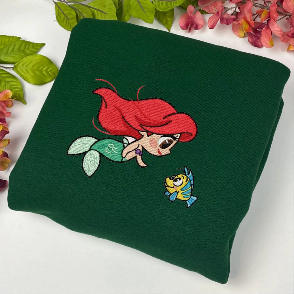 Forest Green Crewneck Displaying Ariel And Flounder Best Friend Graphic